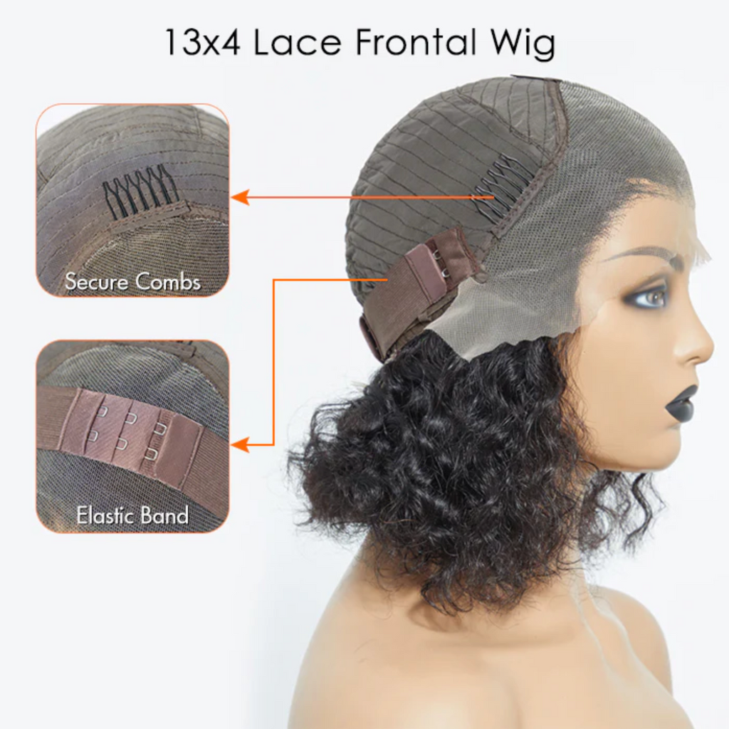 Daisy Lux Beauty™ Premium Quality 150% Density 13x4 "NATURAL BLACK WATER WAVY BOB 3D TRANSPARENT LACE FRONTAL" Wig-100% Human Hair