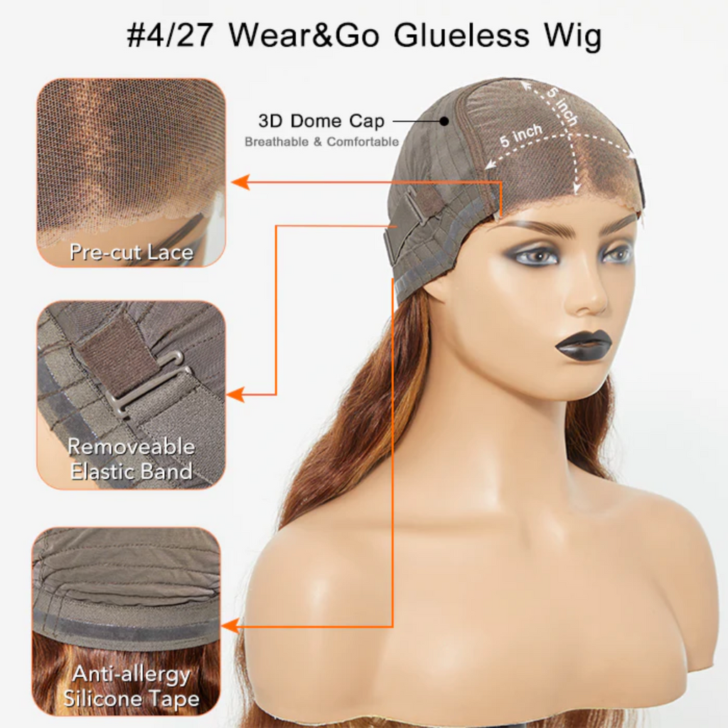 Daisy Lux Beauty™ Premium Quality 150% Density 5x5 BODY "WAVY WEAR & GO GLUELESS #4/27 LACE CLOSURE" Wig-100% Human Hair