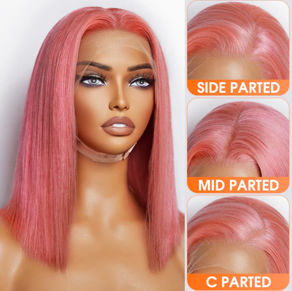 Daisy Lux Beauty™ Premium Quality 150% Density 13x4 "PRE PLUCKED #PINK STRAIGHT BOB LACE FRONTAL" Wig 100% Human Hair