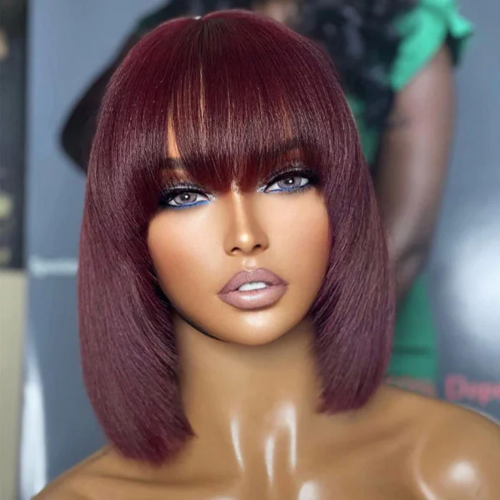 Daisy Lux Beauty™ Premium Quality 150% Density 13x4 "REDDISH PURPLE LAYERED CUT YAKI STRAIGHT #99J LACE BOB"Wig With Bangs