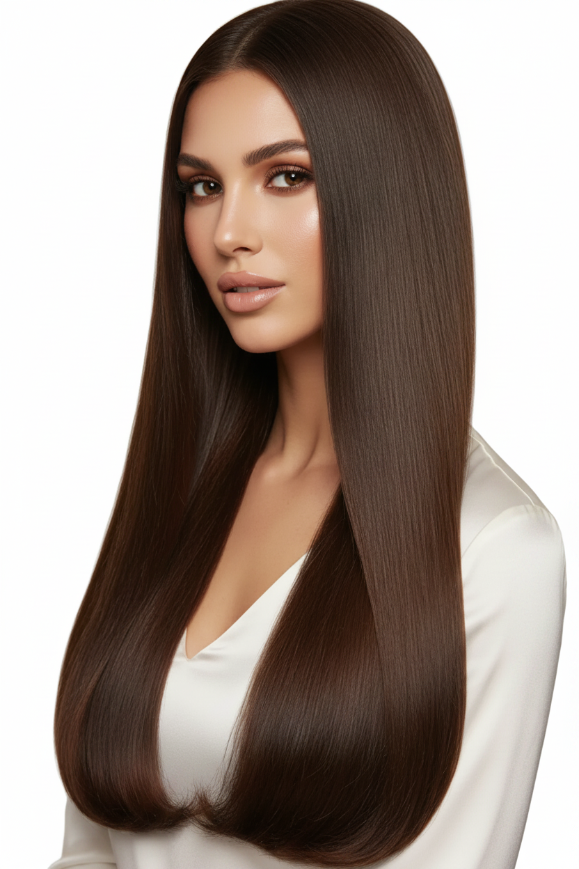 Signature Straight Tape-In Remy Extensions #4 Chocolate Brown: create a image of a model with these hair extensions on